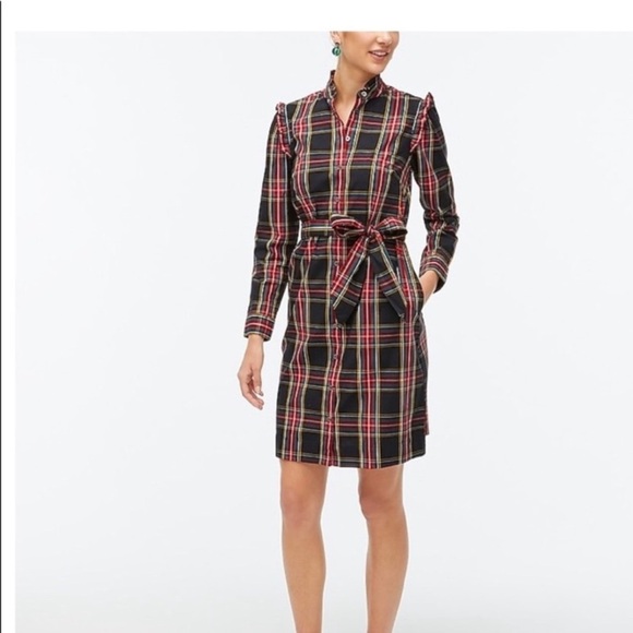 J Crew  Holiday dress size 4 tartan plaid Christmas button up ruffle long sleeve - Picture 1 of 14